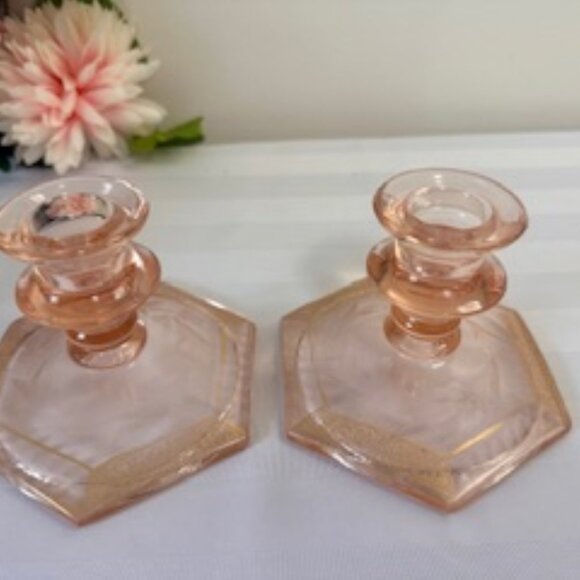 Vintage Pink Depression Glass Candle Holders Etched Floral Design with Gold Trim - Picture 2 of 3